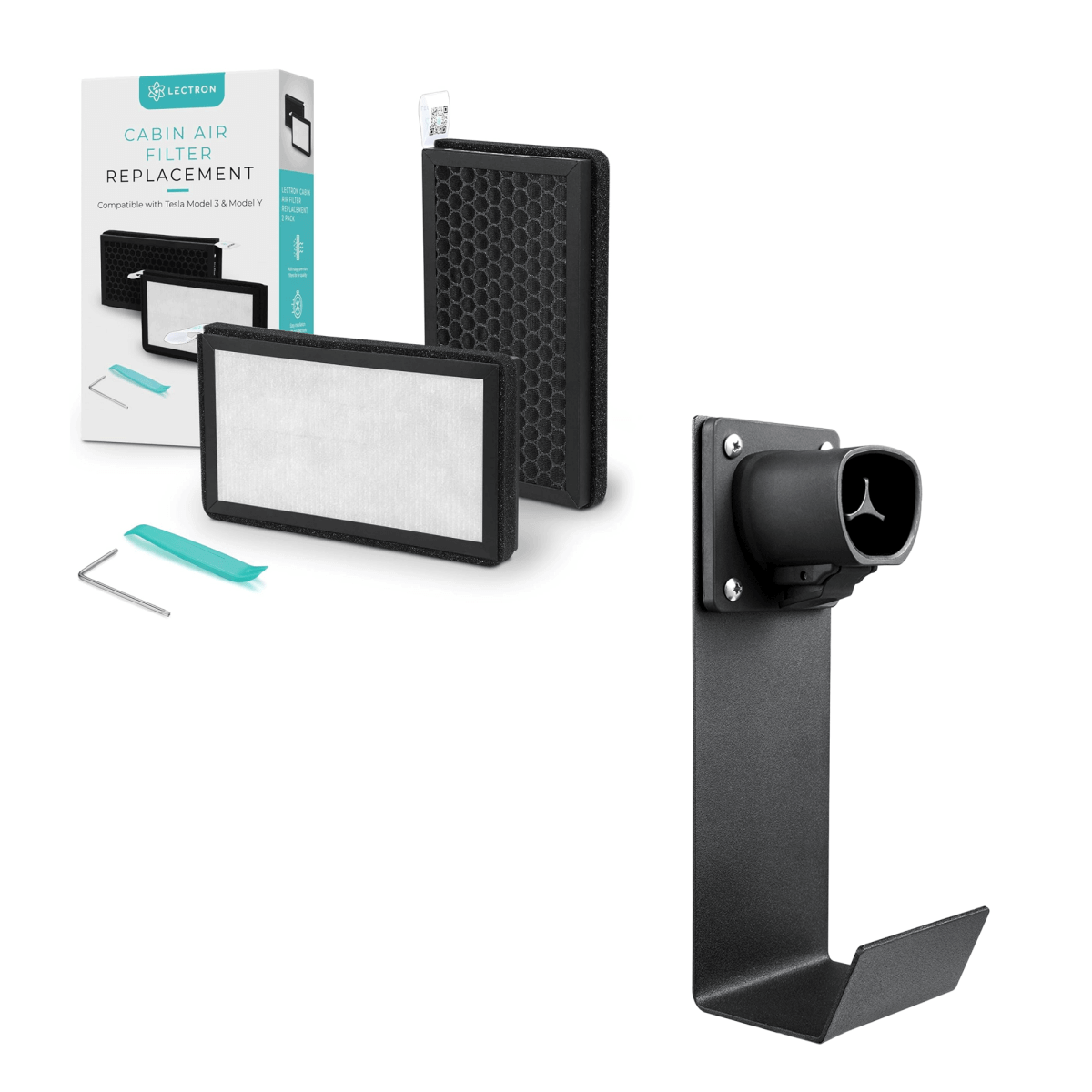 Lectron Tesla Model 3/Y Accessories Kit - NACS EV Charger Nozzle Holster Dock & J-Hook + Cabin Air Filter Replacement