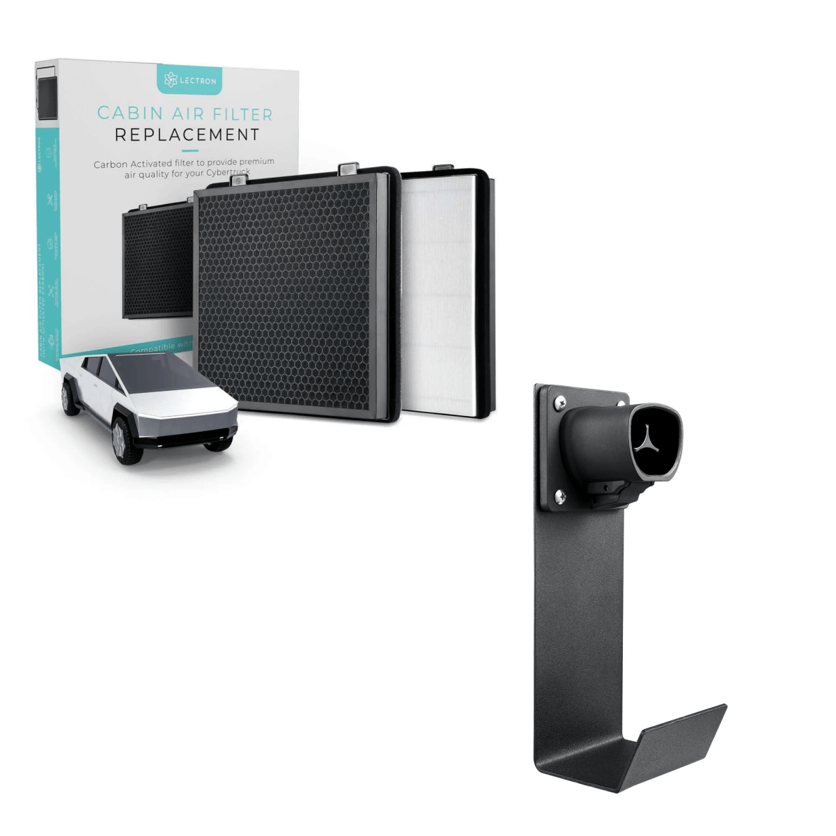 Lectron Tesla Cybertruck Accessories Kit - NACS EV Charger Nozzle Holster Dock & J-Hook + Cabin Air Filter Replacement