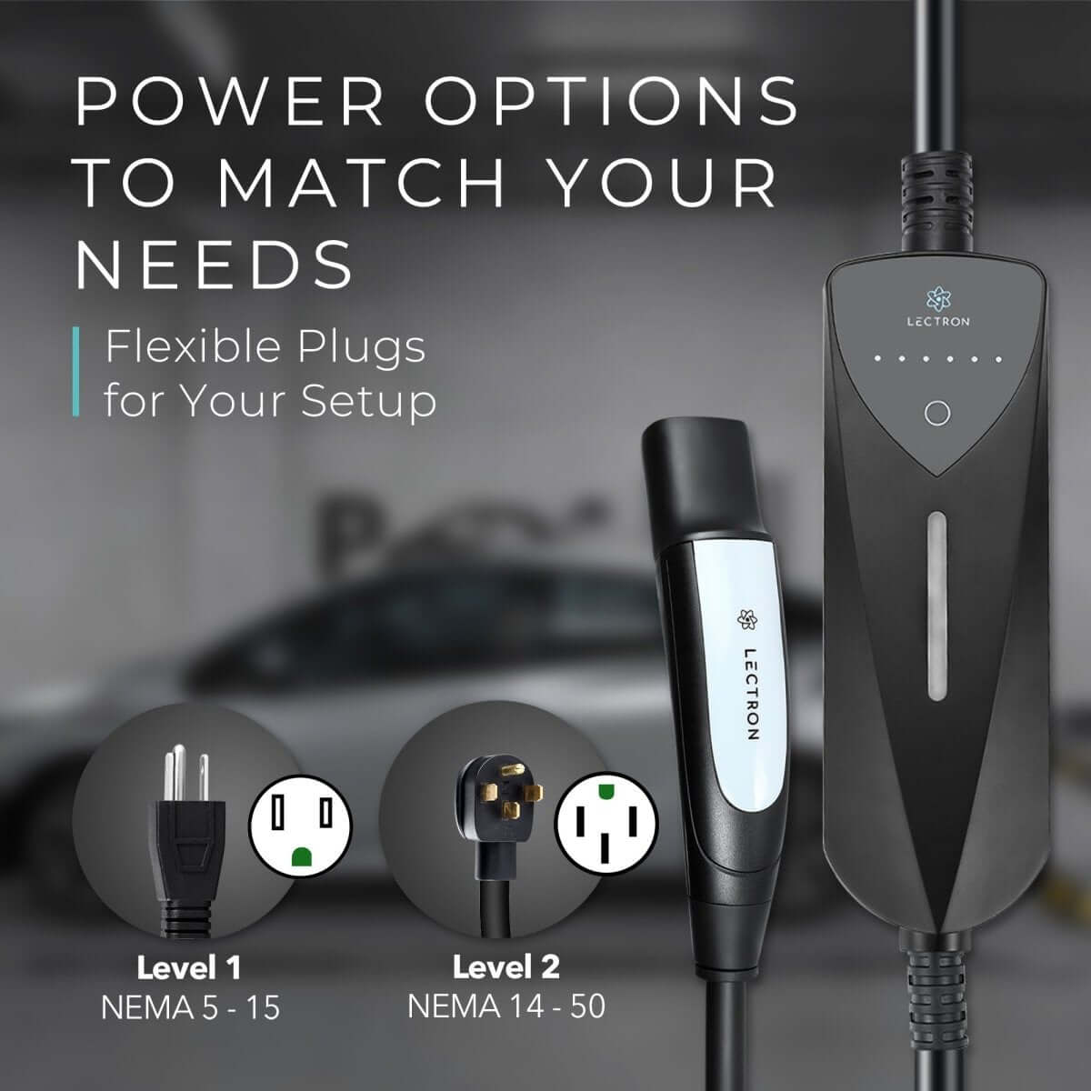 Lectron Portable Level 1 & 2 Tesla NACS EV Charger | 120V & 240V | Adjustable Current 8-40A | NEMA 5-15 & 14-50