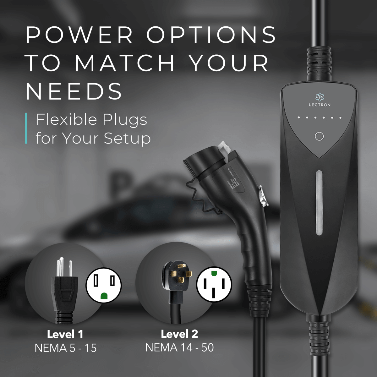 Lectron Portable Level 1 & 2 J1772 EV Charger | 120V & 240V | Adjustable Current 8-40A | NEMA 5-15 & 14-50